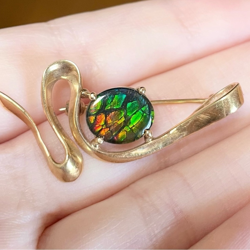 14K AA Korite Ammolite dragon skin triplet vintage yellow gold filigree …​ - Picture 5 of 11